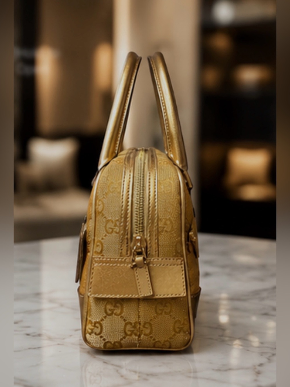 Authentic Vintage Metallic Gold Gucci GG Canvas Leather Bowler Satchel Handbag - Picture 4 of 7